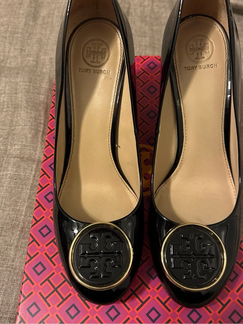 Tory Burch Black Patent Logo Round-Toe Heels with Gold Trim